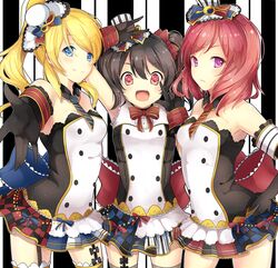  3girls :d \m/ ayase_eli bare_shoulders bibi_(love_live!) black_gloves black_hair blonde_hair blue_eyes cafe_maid_(love_live!) checkered_clothes checkered_skirt commentary_request cowboy_shot double_\m/ elbow_gloves frills garter_straps girl_sandwich gloves hair_between_eyes hand_on_own_hip hat height_difference koruta_(nekoimo) looking_at_viewer love_live! love_live!_school_idol_festival love_live!_school_idol_project mini_hat mini_top_hat miniskirt multiple_girls nico_nico_nii nishikino_maki off_shoulder open_mouth pleated_skirt purple_eyes reaching reaching_towards_viewer red_eyes red_hair sandwiched serious short_hair short_twintails skirt smile thighhighs top_hat treble_clef twintails yazawa_nico 