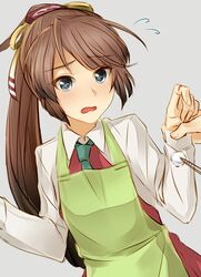  apron bad_id bad_pixiv_id blood blouse blue_eyes blush brown_hair cotton_ball dress female first_aid flying_sweatdrops green_apron hair_ornament hair_ribbon holding_another&#039;s_wrist injury kantai_collection kazagumo_(kancolle) long_hair looking_at_viewer necktie open_mouth pallad ponytail ribbon school_uniform shirt simple_background sleeveless sleeveless_dress solo_focus tsurime white_shirt 