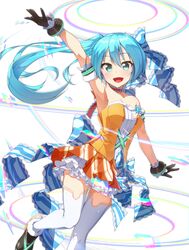  :d aqua_eyes aqua_hair arm_up armlet armpits ass_visible_through_thighs bare_shoulders black_footwear black_gloves blue_bow blush bow breasts choker cleavage commentary_request decorator_(vocaloid) eyebrows female frilled_skirt frills fur_trim gloves hairbow hatsune_miku highres kuroneko_shiro layered_skirt leg_up long_hair looking_at_viewer medium_breasts open_mouth orange_skirt outstretched_arm pleated_skirt project_diva_(series) project_diva_f_2nd shoes simple_background skirt smile solo standing standing_on_one_leg tareme thigh_gap thighhighs vocaloid white_background white_thighhighs zettai_ryouiki 