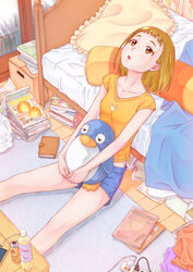  absurdres bad_id bad_pixiv_id bed bed_sheet bedroom blue_shorts book bottle box brown_eyes brown_hair can cardboard_box collarbone commentary_request cushion electric_plug electrical_outlet female frilled_pillow frills from_above highres indoors looking_up magazine_(object) midriff on_floor open_mouth orange_shirt paper pillow power_strip rug shirt short_sleeves shorts sitting solo sora_yori_mo_tooi_basho stuffed_animal stuffed_penguin stuffed_toy table tamaki_mari tsukune_(seseri) wooden_floor 