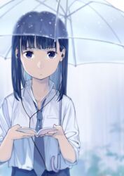  :o blue_eyes blue_hair blurry book dress_shirt earphones female fuyuno_kamome highres holding holding_book holding_umbrella long_hair looking_at_viewer necktie open_book parted_lips rain shirt sleeves_rolled_up solo the_r.a.i.n.s. umbrella upper_body 