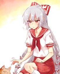  6_(yuchae) adapted_costume alternate_costume commentary_request feline female flying_sweatdrops fujiwara_no_mokou hair_ribbon lenny_face long_hair meme pleated_skirt red_eyes ribbon school_uniform serafuku skirt solo squatting sweat touhou whiskers white_hair 