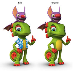  3d_(artwork) anthro bat blue_eyes chameleon clothing digital_media_(artwork) duo female green_eyes laylee lizard looking_at_viewer male mammal official_art open_mouth playtonic_games reptile scalie shirt third-party_edit topwear unknown_artist yooka yooka-laylee 