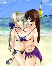  2girls agent_aika aika_(series) beach bikini bow breasts brown_hair commentary_request day golden_delmo grey_hair hair_ornament hairbow long_hair multiple_girls photoshop_(medium) rake sania_(agent_aika) skj sky smile swimsuit tonia toy water water_gun white_hair 