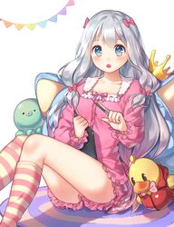  :o absurdres blue_eyes bow commentary crown eromanga_sensei female gamathx grey_hair hairbow highres izumi_sagiri long_hair pajamas pink_bow simple_background socks solo striped_clothes striped_socks stuffed_animal stuffed_duck stuffed_octopus stuffed_toy stylus tablet_pc white_background 