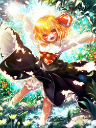  arms_up ascot black_skirt black_vest blonde_hair bloomers blurry bush clothes_lift commentary dappled_sunlight day depth_of_field diffraction_spikes female flower glint hair_between_eyes hair_ribbon head_tilt long_sleeves looking_at_viewer misaki_(kyal_001) open_mouth orange_eyes outdoors outstretched_arms petals photoshop_(medium) red_ascot ribbon rumia shirt short_hair skirt skirt_lift sleeves_past_wrists solo spread_arms standing standing_on_one_leg stream sun sunlight teeth touhou tree underwear upper_teeth_only vest wading white_shirt 