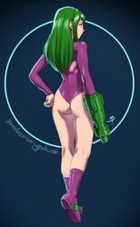  alternate_costume alternate_hair_color arm_cannon artist_name ass blue_background blue_eyes boots clenched_hand commentary emblem english_commentary eyebrows female from_behind full_body green_hair hand_on_own_hip justin_bailey kneepits leotard long_hair looking_at_viewer looking_back md5_mismatch metroid metroid_(classic) photoshop_(medium) polarityplus profile purple_footwear samus_aran serious sidelocks signature simple_background solo varia_suit weapon 