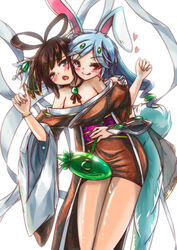  2girls :3 :q animal_ears bad_id bad_pixiv_id blue_hair blush bracelet brown_hair chang&#039;e chinese_clothes choker green_eyes hagoromo hair_ornament hair_rings hair_stick heart highres hug hug_from_behind jewelry long_hair moon_rabbit multiple_girls off_shoulder open_mouth original photoshop_(medium) rabbit_ears rabbit_tail red_eyes shawl sud_(sudea) tail thighs tongue tongue_out wide_sleeves yuri 