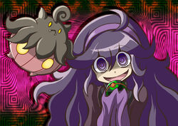  @_@ ahoge commentary_request dress fangs female hairband hex_maniac_(pokemon) long_hair long_sleeves open_mouth photoshop_(medium) poke_ball pokemon pokemon_(creature) pokemon_xy pumpkaboo purple_eyes purple_hair purple_hairband smile soboro_(jitome_dan) yellow_eyes 