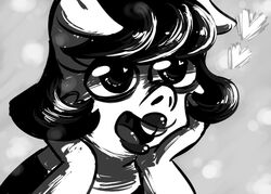  2017 anthro buckteeth bust_portrait clothed clothing domestic_pig female greyscale heart_symbol inkyfrog inkypig lipstick makeup mammal monochrome open_mouth open_smile portrait reaction_image smile solo suid suina sus_(pig) teeth 