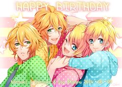  4boys ahoge blonde_hair blue_eyes blush brothers character_name commentary_request dual_persona english_text glasses green_eyes group_hug happy_birthday hug kurabayashi kurusu_kaoru kurusu_shou male_focus multiple_boys one_eye_closed open_mouth shinomiya_natsuki_(uta_no_prince-sama) shinomiya_satsuki siblings smile twins uta_no_prince-sama 