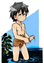  1boy black_hair bright_pupils commentary_request doraemon doraemon:_nobita_no_nihon_tanjou grey_eyes ieiieiiei kukuru_(doraemon) loincloth male_focus solo standing tan wading wet whistle wringing_clothes 