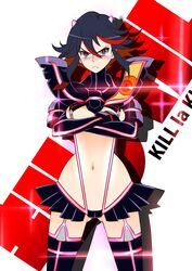  :&lt; black_hair blue_eyes blush breasts commentary_request copyright_name crossed_arms date_naoto female glint glowing hairpods highres kill_la_kill matoi_ryuuko medium_breasts microskirt multicolored_hair navel red_hair revealing_clothes senketsu short_hair showgirl_skirt skirt sparkle suspenders thighhighs two-tone_hair underboob 