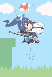  2girls black_hair blue_hair crossover highres honda_futayo honda_masazumi kyoukaisenjou_no_horizon mario_(series) msg01 multiple_girls mushroom parody polearm spear super_mario_bros. weapon 