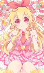  aikatsu! aikatsu!_(series) blonde_hair bow commentary_request dress female flower food frilled_dress frills fruit hair_ribbon hairband heart hoshimiya_ichigo long_hair looking_at_viewer necktie open_hands red_eyes ribbon ro_(igris-geo) short_sleeves smile solo star_(symbol) strawberry 