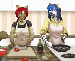  anthro appliance board bottle bread container cooking cutting digital_media_(artwork) domestic_cat duo edible_mushroom equid equine felid feline felis female food fruit fungus fur hair jailbird knife lauren_rivers mammal mushroom plant portobello_mushroom shaded stove stripes tomato zebra 