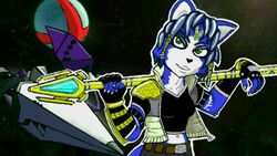  16:9 ace_arcana anthro armor arwing belt black_nose blue_body blue_fur blue_hair bracers canid canine clothing female fingerless_gloves fox fur gem gloves green_eyes hair handwear jacket jewelry krystal_(star_fox) mammal markings melee_weapon miiverse navel nintendo polearm short_hair shoulder_pads smile solo space staff star star_fox teeth topwear weapon white_body white_fur widescreen 