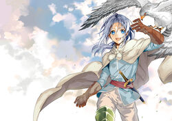  1boy arslan arslan_senki bird blue_eyes cape commentary_request gloves long_hair ponytail sheath sheathed silver_hair smile sword tibino weapon 