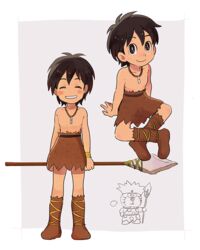  1boy black_hair boots bright_pupils brown_eyes commentary_request doraemon doraemon:_nobita_no_nihon_tanjou doraemon_(character) kukuru_(doraemon) loincloth male_focus monokuro_(snog) outside_border polearm smile solo spear standing tan weapon whistle 