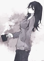  black_eyes black_hair commentary_request cup female hand_in_pocket highres long_hair long_sleeves looking_at_viewer messy_hair monochrome mug original shimano shirt solo 