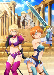  1boy 2girls april_fools blonde_hair breasts cleavage commentary highres imageboard_desourced inami_mahiru long_hair multiple_girls non-web_source orange_hair shindou_yuuta short_hair sword todoroki_yachiyo weapon working!! working!!_(web_manga) 