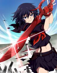  bad_id bad_pixiv_id black_hair blue_eyes commentary_request female fingerless_gloves gloves highres kago-tan kill_la_kill lens_flare matoi_ryuuko midriff navel school_uniform scissor_blade_(kill_la_kill) senketsu serafuku short_hair skirt suspenders sword weapon 