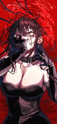  absurdres black_dress black_hair blood blood_on_face breasts chainsaw_man cleavage clenched_teeth dress erupusai2 female floating_hair grin hair_between_eyes hand_on_own_face highres large_breasts long_hair looking_at_viewer red_hair sidelocks simple_background sleeveless smile solo teeth upper_body yoru_(chainsaw_man) 