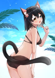  :d absurdres animal_ear_fluff animal_ears ass bikini black_bikini black_hair black_nails blue_eyes blush breasts cat_ears cat_girl cat_tail chinese_commentary commentary_request cowboy_shot day double-parted_bangs fangs female flower from_side hair_between_eyes hair_flower hair_ornament hairclip hand_on_own_thigh happy heterochromia highres leaning_forward lips medium_breasts medium_hair nail_polish open_mouth original outdoors palm_leaf pink_flower roppongi_(fmcn7578) shiny_skin skin_fangs smile solo straight_hair swimsuit tail yellow_eyes 