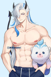  1boy abs absurdres black_pants blue_background blue_hair closed_mouth dandanbiart demon_horns demon_tail genshin_impact hair_between_eyes hair_over_one_eye highres horns leisurely_otter_(genshin_impact) long_hair male_focus multicolored_hair muscular muscular_male navel neuvillette_(genshin_impact) nipples pants purple_eyes solo stomach streaked_hair stuffed_animal stuffed_toy tail topless_male white_hair 