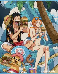  2boys abs absurdres animal animal_ears antlers antlers_through_headwear bare_shoulders bikini black_hair blue_sky breasts burger chandllucky closed_eyes cloud cloudy_sky collarbone cross_scar day deer_ears dragon drink drooling earrings eating eyewear_on_head female floral_print food food_in_mouth food_on_face french_fries happy hat highres holding holding_food horns indian_style jewelry large_breasts long_hair low_twintails monkey_d._luffy multiple_boys nami_(one_piece) navel one_piece open_clothes open_mouth open_shirt orange_hair outdoors palm_tree pearl_earrings reindeer reindeer_antlers scar scar_on_cheek scar_on_chest scar_on_face shorts single_sidelock sitting sky smile sparkle stomach straw_hat sunglasses swimsuit tony_tony_chopper tree twintails twitter_username 