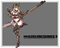  armored_boots bincan blonde_hair boots bow bra breasts bridal_gauntlets camouflage camouflage_bra camouflage_panties camouflage_thighhighs detached_collar female fingerless_gloves frills gauntlets gloves green_eyes headset high_heel_boots high_heels highres large_breasts leclerc_(personification) looking_at_viewer navel original panties personification short_hair underwear 