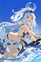  absurdres ass blue_sky braid breasts cowboy_shot female furrowed_brow genshin_impact hair_between_eyes hairband highres long_hair looking_at_viewer mualani_(genshin_impact) open_mouth outdoors red_eyes shijiuqaq sidelocks sky smile solo surfboard sweatdrop swimsuit teeth underboob upper_teeth_only wardrobe_malfunction water 