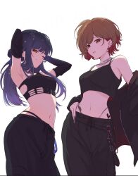  2girls arm_up armpits baggy_pants belt black_belt black_camisole black_jacket black_panties black_pants black_sleeves black_tank_top blue_hair blunt_bangs braid breasts brown_eyes brown_hair camisole clothing_cutout cowboy_shot crop_top detached_sleeves earrings grey_nails hair_ornament hand_on_own_hip heart heart_tattoo highleg highleg_panties highres hip_tattoo jacket jewelry jiauma linea_alba long_hair looking_at_viewer medium_breasts meiko_(vocaloid) multiple_girls navel off_shoulder official_alternate_costume official_alternate_hairstyle one_eye_closed panties pants parted_lips project_sekai shiraishi_an short_hair sidelocks simple_background smile star_(symbol) star_hair_ornament stomach tank_top tattoo underwear very_long_fingernails vivid_bad_squad_meiko vocaloid white_background zozotown 