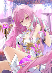  absurdres bare_shoulders bell boots breasts cleavage corset elysia_(herrscher_of_human:_ego)_(honkai_impact) elysia_(honkai_impact) female gloves gloxuba high_heel_boots high_heels highres honkai_(series) honkai_impact_3rd large_breasts long_hair looking_at_viewer multicolored_hair parted_lips pink_hair pink_sky purple_eyes sky solo thighs twirling_hair two-tone_hair very_long_hair white_corset white_footwear white_gloves white_hair white_veil 