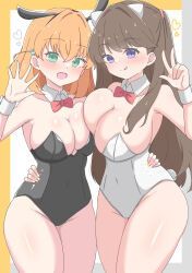  2girls :d :q absurdres alternate_costume animal_ears aqua_eyes asymmetrical_docking black_leotard border bow bowtie breast_press breasts brown_hair cleavage closed_mouth commentary_request cowboy_shot crossed_bangs detached_collar fake_animal_ears fujishima_megumi hair_ornament hand_on_another&#039;s_hip hand_up heart highres hinoshita_kaho large_breasts leotard link!_like!_love_live! long_hair looking_at_viewer love_live! medium_hair multiple_girls open_hand open_mouth orange_border orange_hair playboy_bunny purple_eyes rabbit_ears rabbit_hair_ornament red_bow red_bowtie rokoroko_65 simple_background smile split_mouth strapless strapless_leotard tongue tongue_out two_side_up virtual_youtuber w white_background white_wrist_cuffs wrist_cuffs 