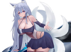  animal_ear_fluff animal_ears azur_lane bare_shoulders blue_eyes breasts cleavage cowboy_shot detached_sleeves female fox_ears fox_girl fox_tail grey_hair highres kitsune kyuubi large_breasts large_tail leaning_forward long_hair long_sleeves looking_at_viewer microskirt multiple_tails obniermarbiss official_alternate_costume panty_straps race_queen shinano_(azur_lane) shinano_(moonlit_chrome)_(azur_lane) simple_background skirt solo tail thighhighs very_long_hair white_background white_tail zettai_ryouiki 