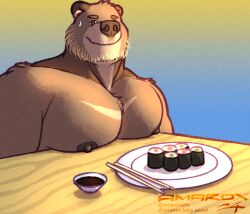  amarox anthro awkward_smile bear beard big_pecs brown_bear chopsticks digital_drawing_(artwork) digital_media_(artwork) dinner_table ear_piercing ear_ring ewan_(amarox) facial_hair food grizzly_bear hi_res looking_at_viewer male mammal muscular nipples pecs piercing ring_piercing solo sushi ursine 