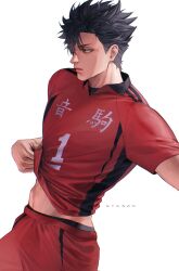  1boy clothes_lift haikyuu!! highres kuroo_tetsurou male_focus nekoma_volleyball_uniform nthndn red_shirt red_shorts shirt shirt_lift short_hair shorts simple_background solo spiked_hair sportswear sweat twitter_username volleyball_uniform 