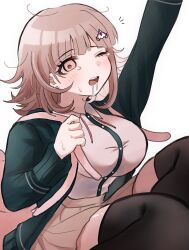  arm_up blush breasts brown_hair collared_shirt danganronpa_(series) danganronpa_2:_goodbye_despair drooling female flipped_hair galaga hair_ornament hood ikemen&#039;na_ore-shi jacket long_sleeves looking_at_viewer medium_hair nanami_chiaki neck_ribbon notice_lines open_clothes open_jacket pink_eyes pink_ribbon pleated_skirt ribbon saliva shirt skirt solo thighhighs white_shirt 