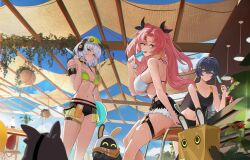  3girls :p absurdres anby_demara bagboo_(zenless_zone_zero) bangboo_(zenless_zone_zero) belle_(zenless_zone_zero) bikini black_bikini black_shorts blue_eyes blue_hair blue_sky breasts closed_mouth cloud commentary_request commission day denim denim_shorts eous_(zenless_zone_zero) food green_bikini green_eyes highres holding holding_food holding_popsicle lan_liyu_renzi large_breasts long_hair looking_at_viewer medium_breasts mole mole_on_breast multiple_girls navel nicole_demara outdoors penguinboo_(zenless_zone_zero) pink_hair popsicle second-party_source short_hair shorts sky standing summer swimsuit tongue tongue_out white_bikini white_hair zenless_zone_zero 