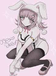  animal_ears animal_hood armlet bare_shoulders black_leotard black_thighhighs blunt_bangs blush breasts brown_hair cleavage danganronpa_(series) danganronpa_2:_goodbye_despair fake_animal_ears female fishnet_thighhighs fishnets frown high_heels highres hood jewelry kani_no_shiru large_breasts leotard medium_hair mole mole_on_breast nanami_chiaki official_alternate_costume pink_background pink_eyes pink_footwear rabbit_ears rabbit_hood rabbit_tail shoes solo spaceship_hair_ornament squatting tail thighhighs translation_request white_leotard 