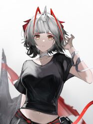  arknights black_shirt collarbone crop_top eugle_na female grey_hair hand_up highres looking_at_viewer midriff navel official_alternate_costume orange_eyes parted_lips shirt short_hair short_sleeves solo upper_body w_(arknights) w_(fugue)_(arknights) 