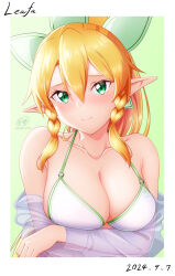  bikini blonde_hair border braid breasts closed_mouth dated elf female green_eyes hair_between_eyes highres ken-ji large_breasts leafa_(sao) long_hair looking_at_viewer pointy_ears signature simple_background solo swimsuit sword_art_online twin_braids white_border 