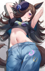  absurdres animal_ears armpits arms_behind_head black_shirt blue_pants breasts brown_hair commentary_request denim female hair_over_one_eye hat highres horse_ears horse_girl horse_tail jeans long_hair looking_at_viewer maimuu midriff navel open_mouth pants purple_eyes purple_hat rice_shower_(umamusume) shirt short_sleeves small_breasts solo standing t-shirt tail tilted_headwear umamusume 