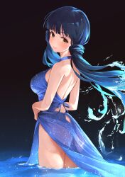  absurdres ass b1ack_illust backless_dress backless_outfit blue_dress blush breasts clothing_cutout dress female floating_hair furrowed_brow highres idolmaster idolmaster_million_live! kitakami_reika long_hair looking_at_viewer looking_to_the_side medium_breasts see-through see-through_dress see-through_silhouette smile solo very_long_hair wading yellow_eyes 