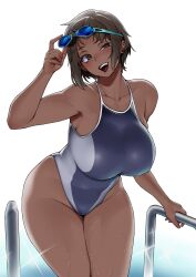  :d absurdres adjusting_goggles arm_up bare_arms bare_legs bare_shoulders black_hair blue_one-piece_swimsuit breasts collarbone commentary_request competition_swimsuit cowboy_shot dark-skinned_female dark_skin female goggles goggles_on_head grey_eyes groin half-closed_eye head_tilt highleg highleg_one-piece_swimsuit highres huge_breasts leaning_forward looking_at_viewer one-piece_swimsuit open_mouth original pool_ladder short_hair smile solo sparkle standing swim_goggles swimsuit teeth two-tone_swimsuit upper_teeth_only water wet white_background white_one-piece_swimsuit yesman_(cvbnyesman) 