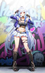  absurdres alternate_costume armpit_crease black_choker black_footwear black_gloves black_shirt blue_bow blue_hair blue_skirt boots bow breasts character_signature check_commentary chinese_commentary choker cleavage collarbone commentary_request crop_top cropped_jacket double_w earrings female fingerless_gloves full_body gloves graffiti hair_between_eyes hairbow hands_up highres honkai:_star_rail honkai_(series) jacket jewelry jingliu_(honkai:_star_rail) large_breasts long_hair looking_at_viewer midriff navel official_art_inset parted_lips partial_commentary purple_jacket red_eyes royboy shirt sidelocks skindentation skirt solo standing very_long_hair w 