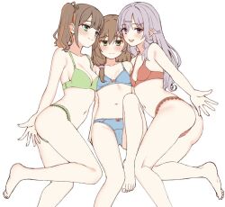  3girls :d :| ass asymmetrical_docking bare_legs bare_shoulders barefoot blue_bra blue_panties blunt_bangs blush bra breast_press breasts brown_hair cameltoe center-flap_bangs cleavage closed_mouth commentary_request expressionless eyes_visible_through_hair foot_out_of_frame green_bra green_eyes green_panties grey_hair gyaru hair_between_eyes hair_intakes hair_ornament hairclip happy highres jitome kinoshita_kaede knee_up lace-trimmed_panties lace_trim long_hair looking_at_viewer lying medium_breasts mikuni_sairi multicolored_hair multiple_girls navel on_back on_side open_mouth orange_hair outstretched_arm outstretched_hand panties pink_eyes red_bra red_panties shiraishi_chika side_ponytail simple_background small_breasts smile soles split_mouth symmetrical_docking tenshi_souzou_re-boot! tft_(tft7822) thick_eyebrows thighs toes tsurime two-tone_hair underwear underwear_only white_background 