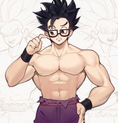  3boys abs bara biceps black_hair black_wristband brown_eyes character_request collarbone copyright_request dragon_ball erinartista facing_viewer glasses large_pectorals looking_to_the_side male_focus multiple_boys muscular muscular_male navel nipples pants pectorals purple_pants short_hair sketch_inset teeth topless_male upper_body white_background 