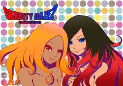  2girls anniversary bare_shoulders black_hair blonde_hair blue_eyes crow_(gravity_daze) dark-skinned_female dark_skin gravity_daze gravity_daze_2 highres kitten_(gravity_daze) long_hair looking_at_viewer multicolored_hair multiple_girls mumrik612 red_eyes red_hair smile topless two-tone_hair 